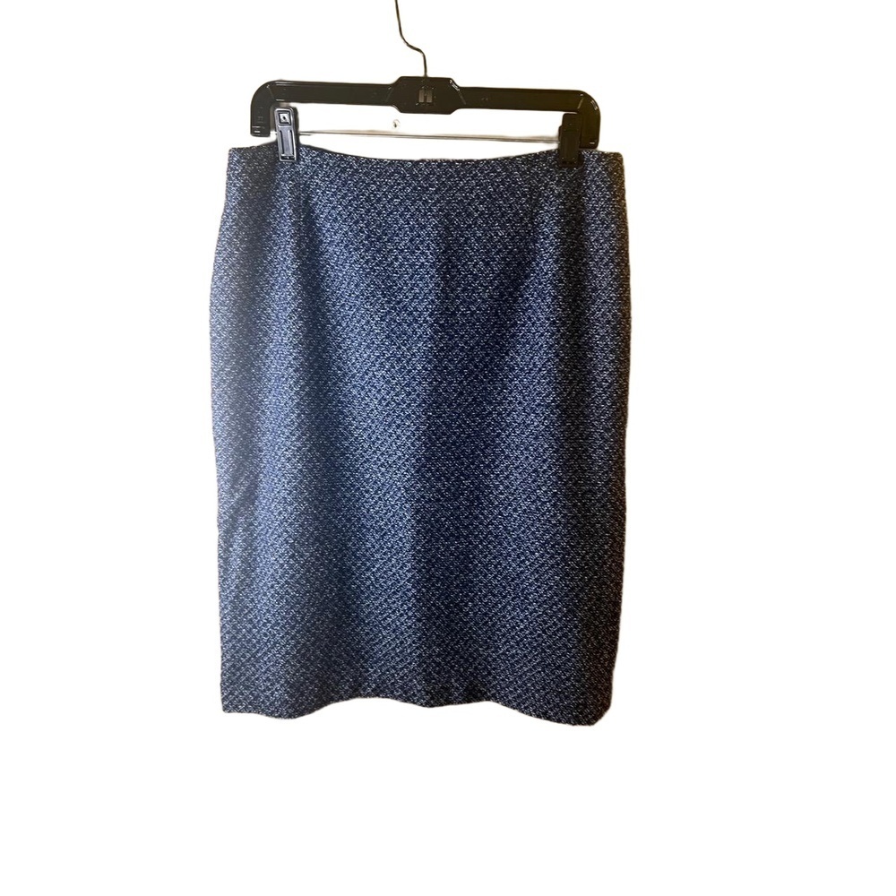 Escada Blue White Tweed Knee Length Wool Silk Pencil Skirt Womens Size US14